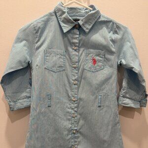 U.S. Polo Assn Boys Size 8 Button Down Shirt Blue White Stripe Preppy Cotton